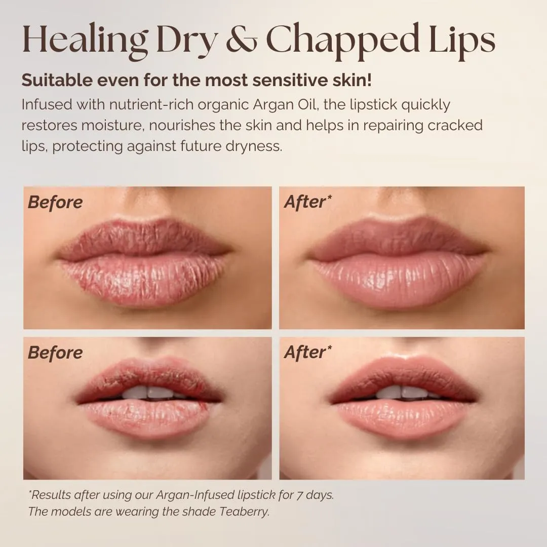 𝗘𝘀𝘀𝗲𝗻𝗰𝗲 𝗼𝗳 𝗔𝗿𝗴𝗮𝗻 Deep Moisturizing, Long Lasting Lipstick & Hydrating Lip Care in One with 100% Pure Organic Argan Oil, Shea Butter, Jojoba Oil & Aloe Vera - Teaberry