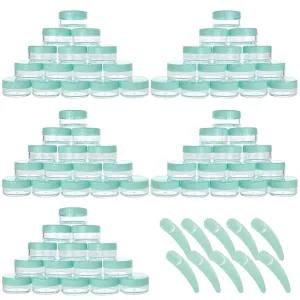 100 Count 10g Small Sample Containers with Lids and 10 Pcs Mask Spatula, Refillable Cosmetic Jars Plastic Makeup Containers Lip Scrub Containers for Beauty Products - Green