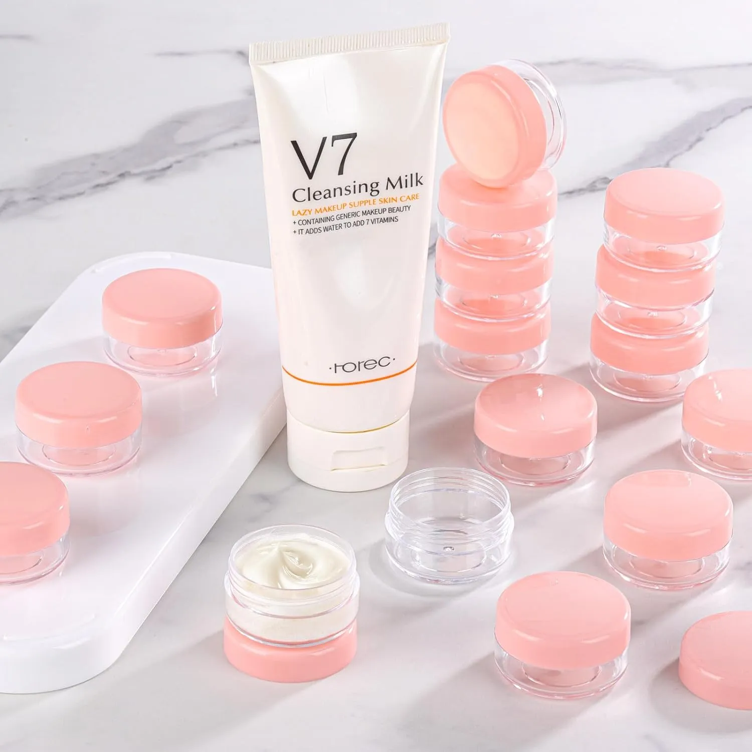 100 Count 10g Small Sample Containers with Lids and 10 Pcs Mask Spatula, Refillable Cosmetic Jars Plastic Makeup Containers Lip Scrub Containers for Beauty Products - Pink