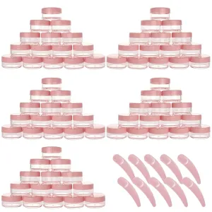 100 Count 10g Small Sample Containers with Lids and 10 Pcs Mask Spatula, Refillable Cosmetic Jars Plastic Makeup Containers Lip Scrub Containers for Beauty Products - Pink
