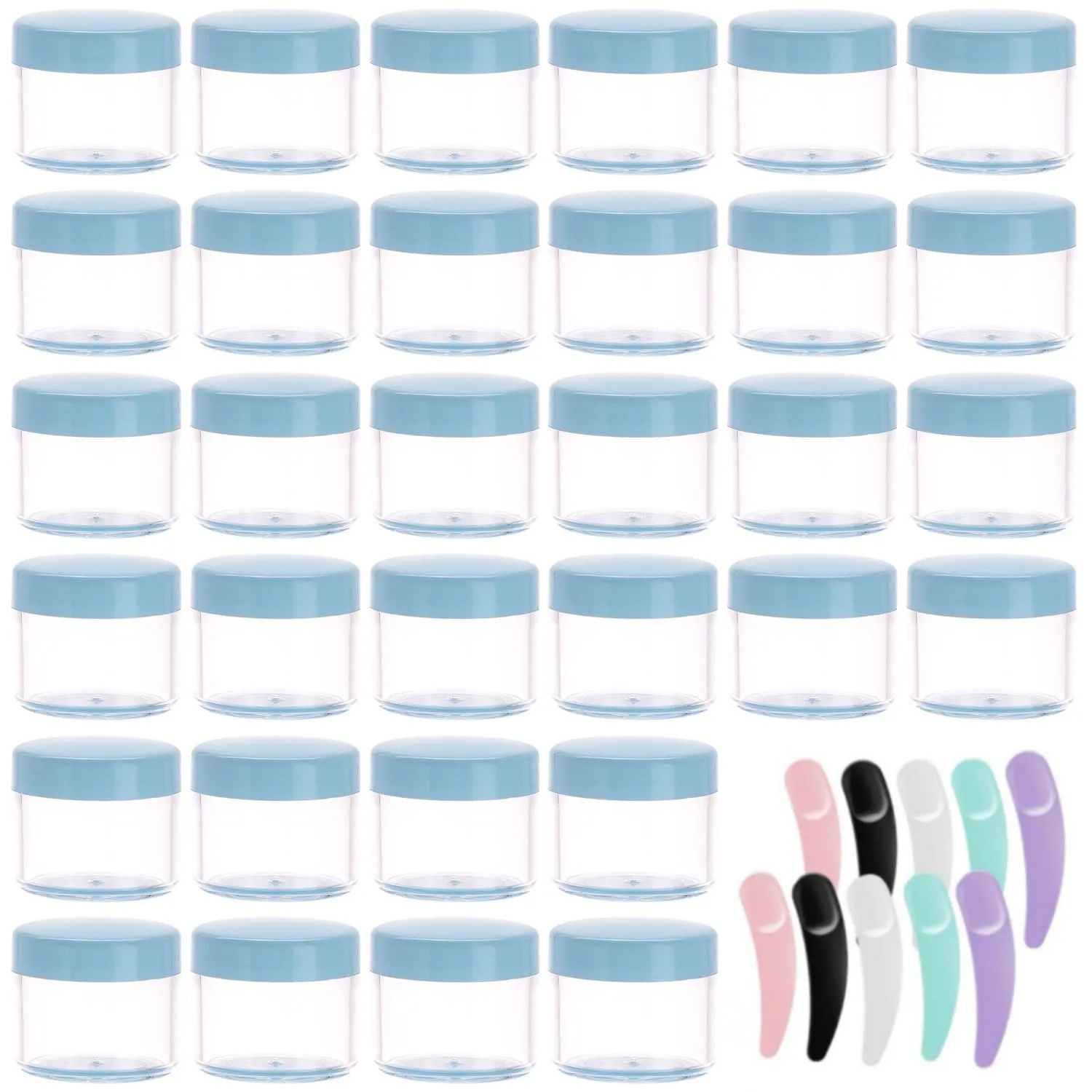 100 Pcs 20g Plastic Sample Cosmetic Containers with Lids and 10 Pcs Mini Makeup Spatula，Refillable Cosmetic Jars Lip Scrub Containers for Skincare - Blue