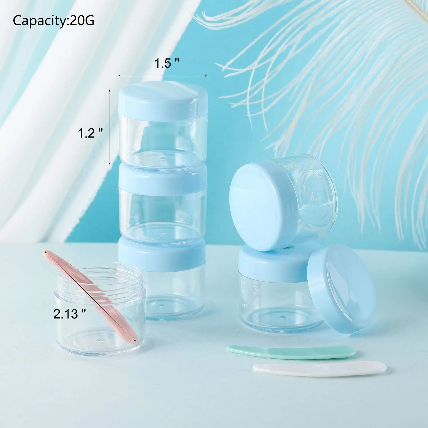 100 Pcs 20g Plastic Sample Cosmetic Containers with Lids and 10 Pcs Mini Makeup Spatula，Refillable Cosmetic Jars Lip Scrub Containers for Skincare - Blue
