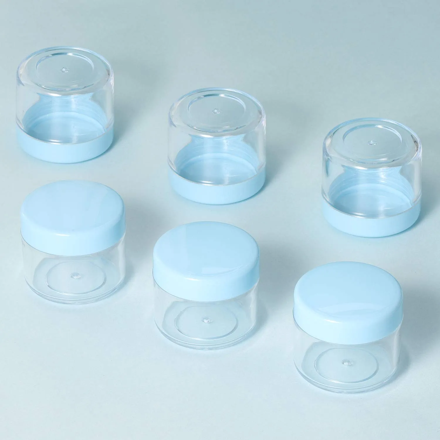 100 Pcs 20g Plastic Sample Cosmetic Containers with Lids and 10 Pcs Mini Makeup Spatula，Refillable Cosmetic Jars Lip Scrub Containers for Skincare - Blue