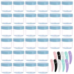 100 Pcs 20g Plastic Sample Cosmetic Containers with Lids and 10 Pcs Mini Makeup Spatula，Refillable Cosmetic Jars Lip Scrub Containers for Skincare - Blue