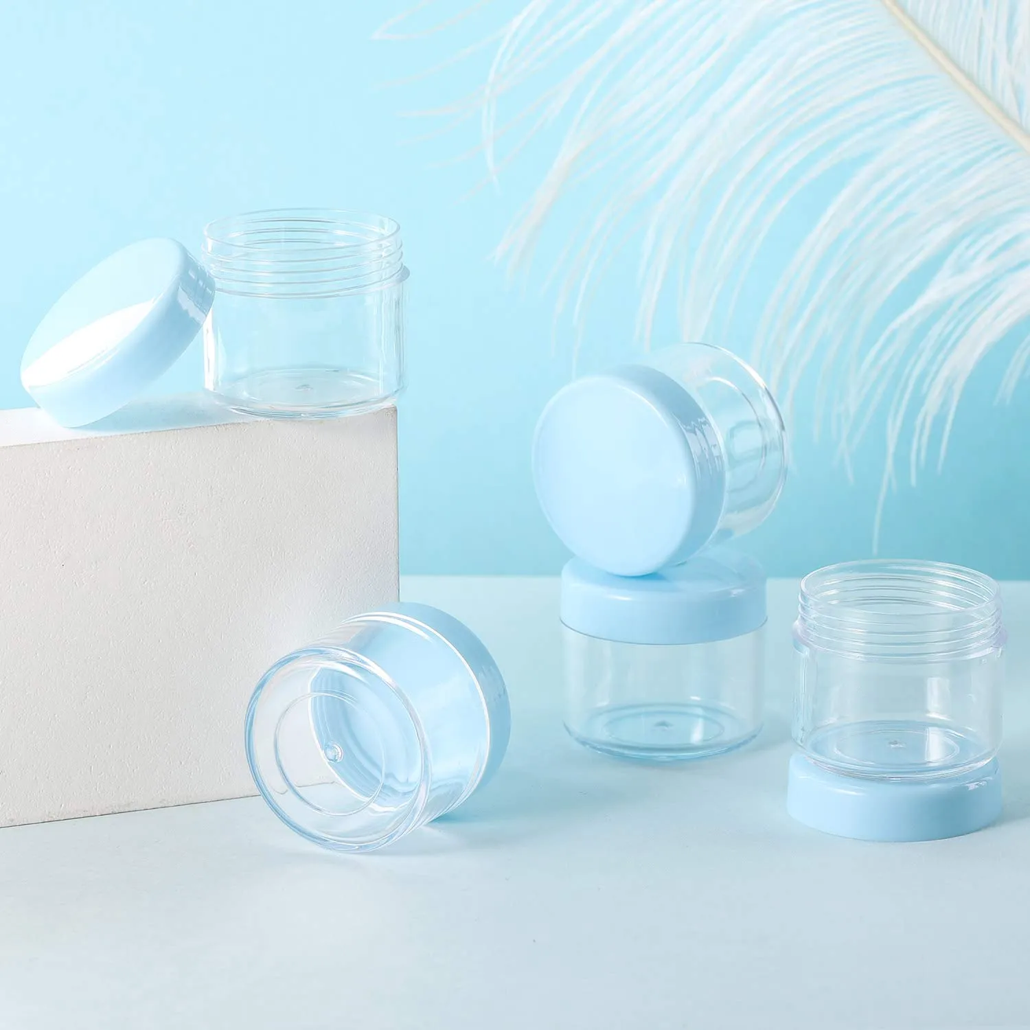 100 Pcs 20g Plastic Sample Cosmetic Containers with Lids and 10 Pcs Mini Makeup Spatula，Refillable Cosmetic Jars Lip Scrub Containers for Skincare - Blue
