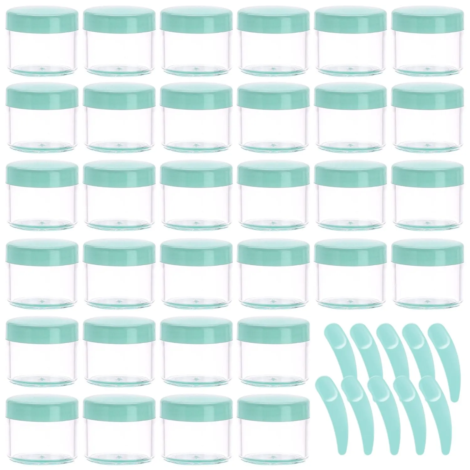 100 Pcs 20g Plastic Sample Cosmetic Containers with Lids and 10 Pcs Mini Makeup Spatula，Refillable Cosmetic Jars Lip Scrub Containers for Skincare - Green
