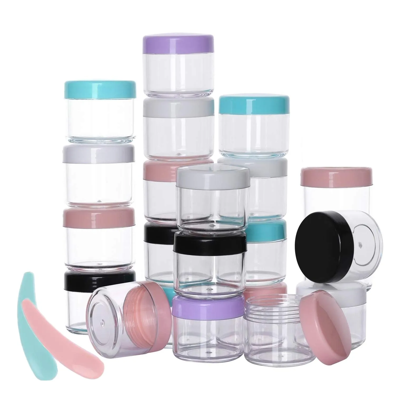 100 Pcs 20g Plastic Sample Cosmetic Containers with Lids and 10 Pcs Mini Makeup Spatula，Refillable Cosmetic Jars Lip Scrub Containers for Skincare - Multi Color