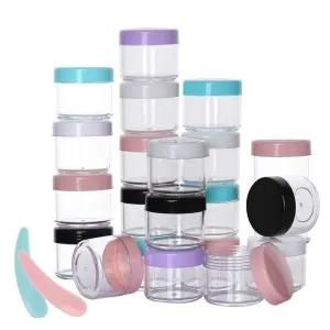 100 Pcs 20g Plastic Sample Cosmetic Containers with Lids and 10 Pcs Mini Makeup Spatula，Refillable Cosmetic Jars Lip Scrub Containers for Skincare - Multi Color