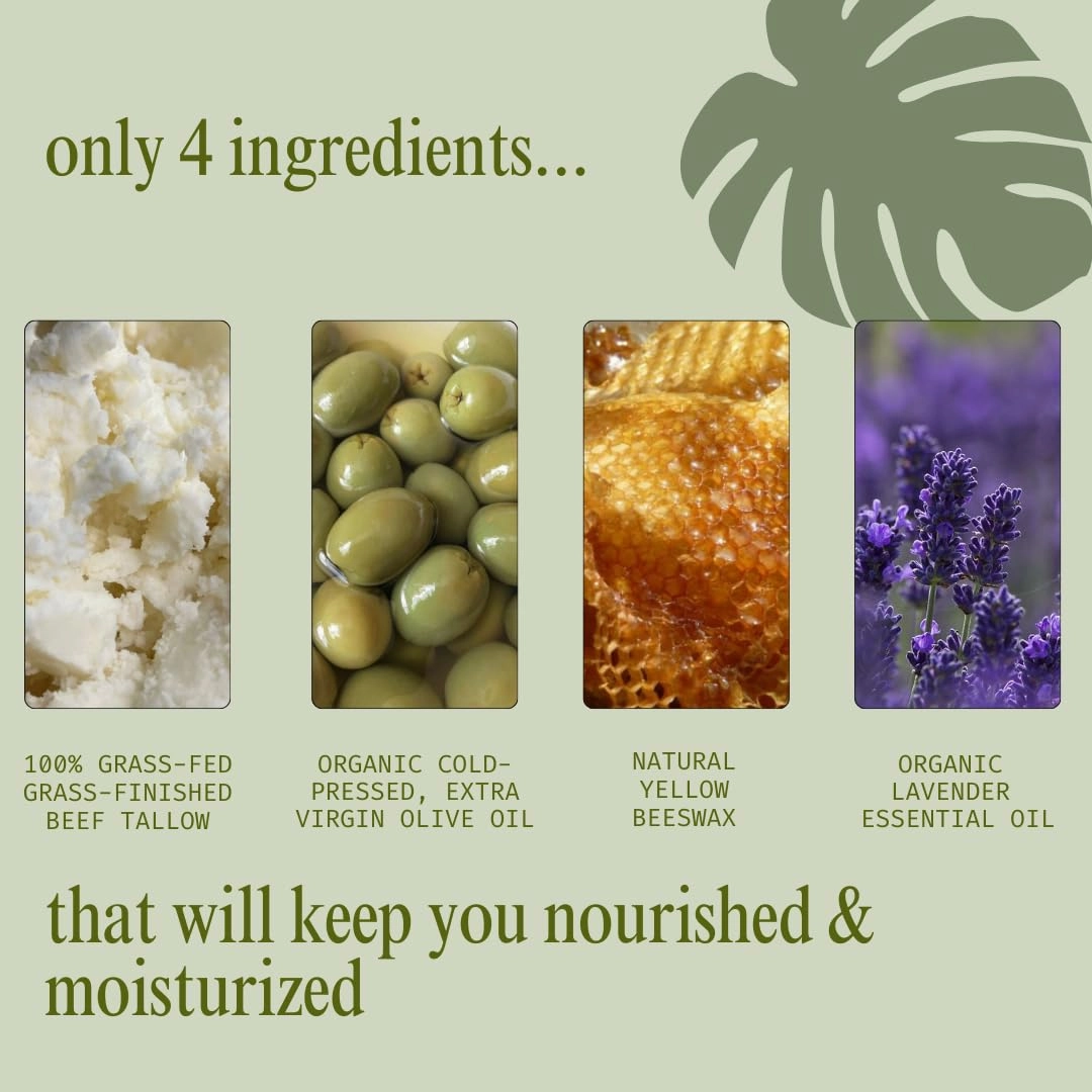 100% Grass-Fed Beef Tallow Face Moisturizer - Natural Organic Skin Care with Lavender Essential Oil - Nourishing 2oz Balm with Olive Oil & Beeswax for Sensitive Skin, Hands & Lips