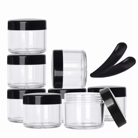100 Pcs 20g Plastic Sample Cosmetic Containers with Lids and 10 Pcs Mini Makeup Spatula，Refillable Cosmetic Jars Lip Scrub Containers for Skincare - Black