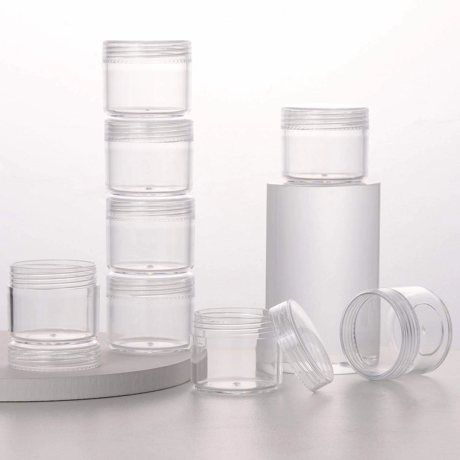 100 Pcs 20g Plastic Sample Cosmetic Containers with Lids and 10 Pcs Mini Makeup Spatula，Refillable Cosmetic Jars Lip Scrub Containers for Skincare - Clear