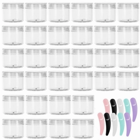 100 Pcs 20g Plastic Sample Cosmetic Containers with Lids and 10 Pcs Mini Makeup Spatula，Refillable Cosmetic Jars Lip Scrub Containers for Skincare - Clear