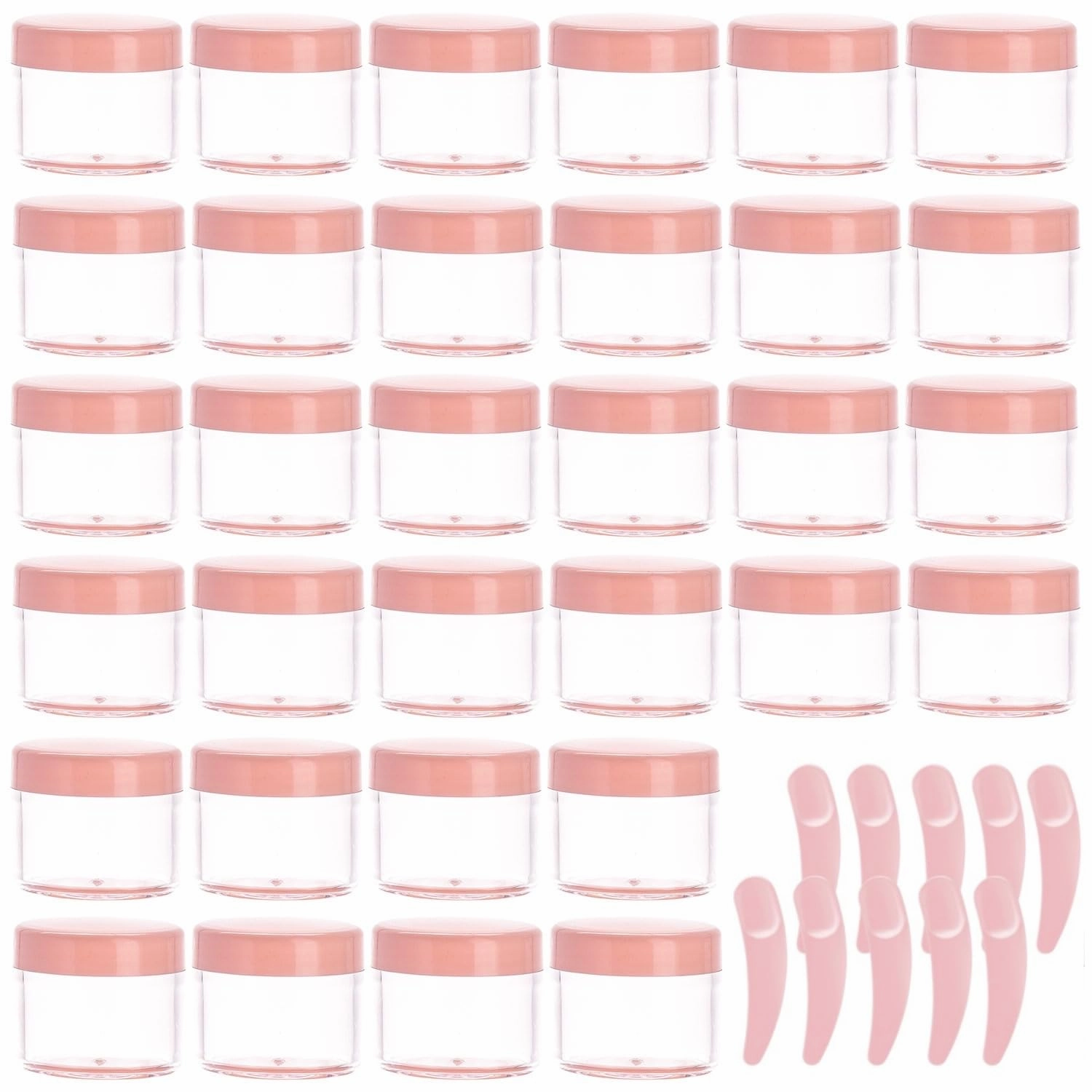 100 Pcs 20g Plastic Sample Cosmetic Containers with Lids and 10 Pcs Mini Makeup Spatula，Refillable Cosmetic Jars Lip Scrub Containers for Skincare - Pink
