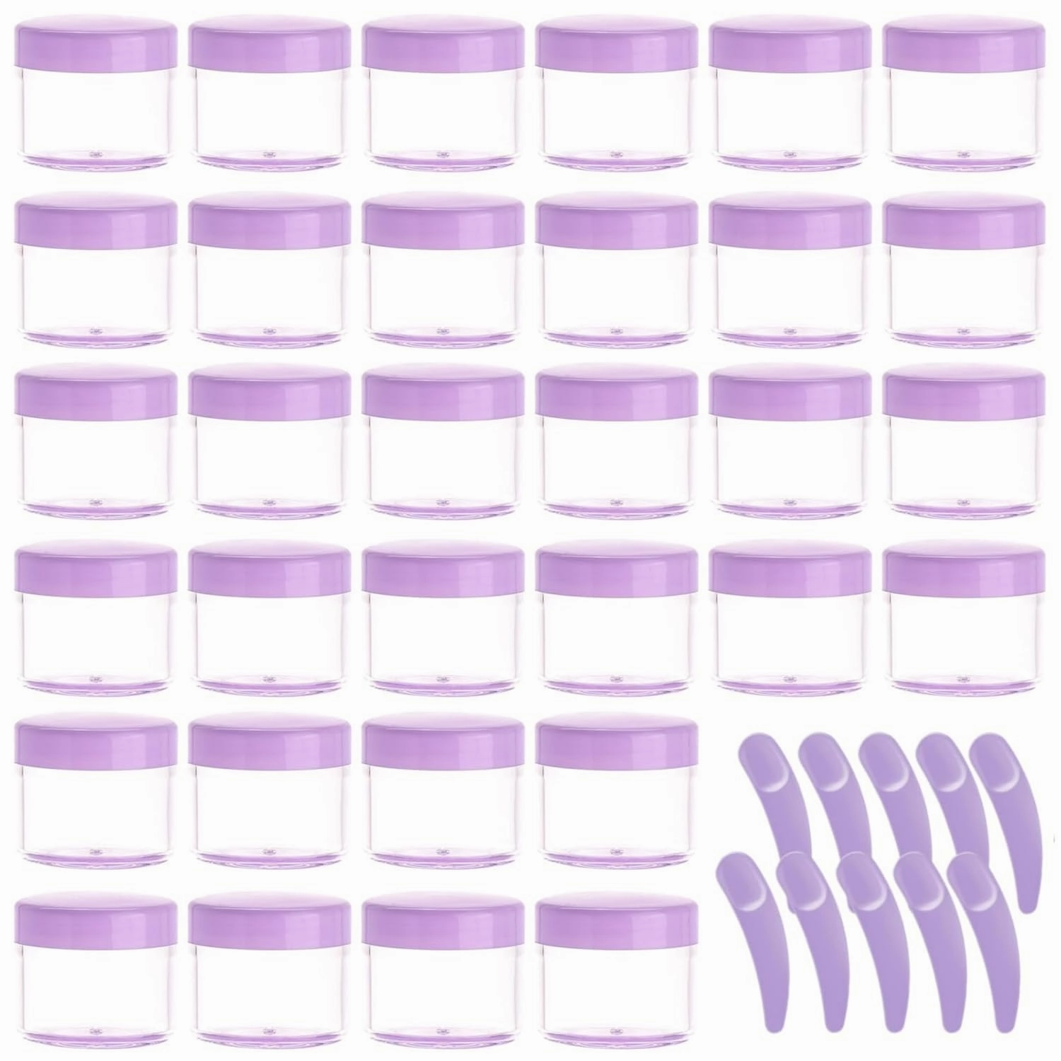 100 Pcs 20g Plastic Sample Cosmetic Containers with Lids and 10 Pcs Mini Makeup Spatula，Refillable Cosmetic Jars Lip Scrub Containers for Skincare - Purple