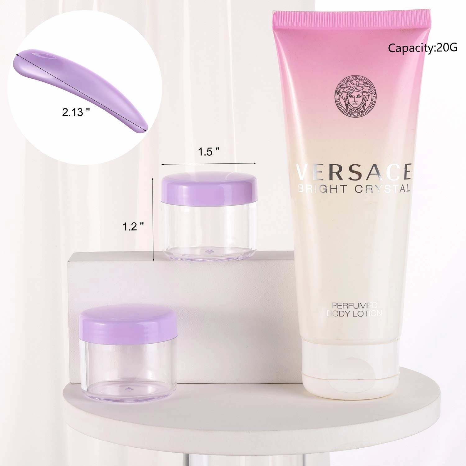 100 Pcs 20g Plastic Sample Cosmetic Containers with Lids and 10 Pcs Mini Makeup Spatula，Refillable Cosmetic Jars Lip Scrub Containers for Skincare - Purple