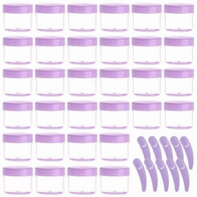 100 Pcs 20g Plastic Sample Cosmetic Containers with Lids and 10 Pcs Mini Makeup Spatula，Refillable Cosmetic Jars Lip Scrub Containers for Skincare - Purple