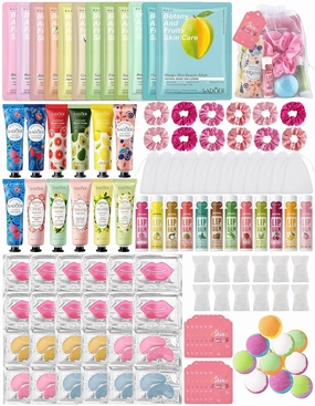 108PCS Spa Party Supplies for Girls, Include Facial Masks, Lip Mask, Under Eye Patches, Lip Balm, Foot Bath Bombs, Hand Cream, Compressed Towel, Hair Band, Sleepover Party Supplies for Girls