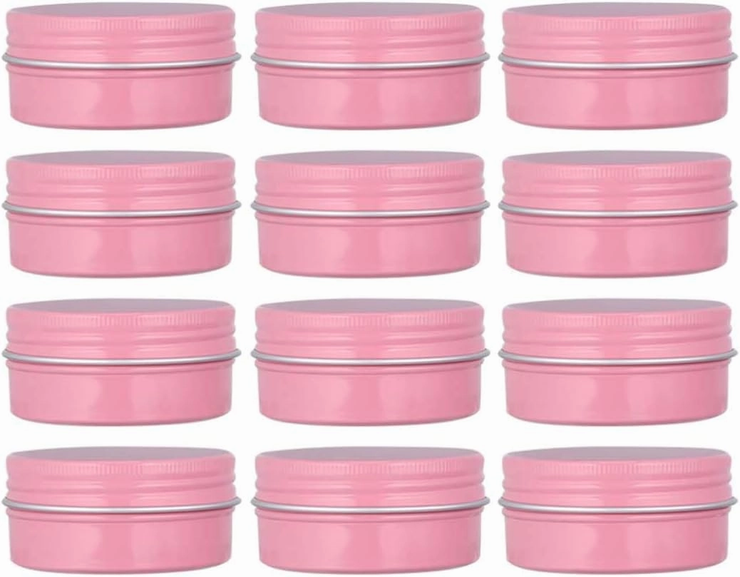 12 Pack 2 Oz Pink Round Aluminum Tin Cans Metal Steel Tins with Screw Top Lids Travel Storage Tins Cosmetic Sample Containers Jars for Lip Balm Salve Spice Candies Crafts Tea(60ml)