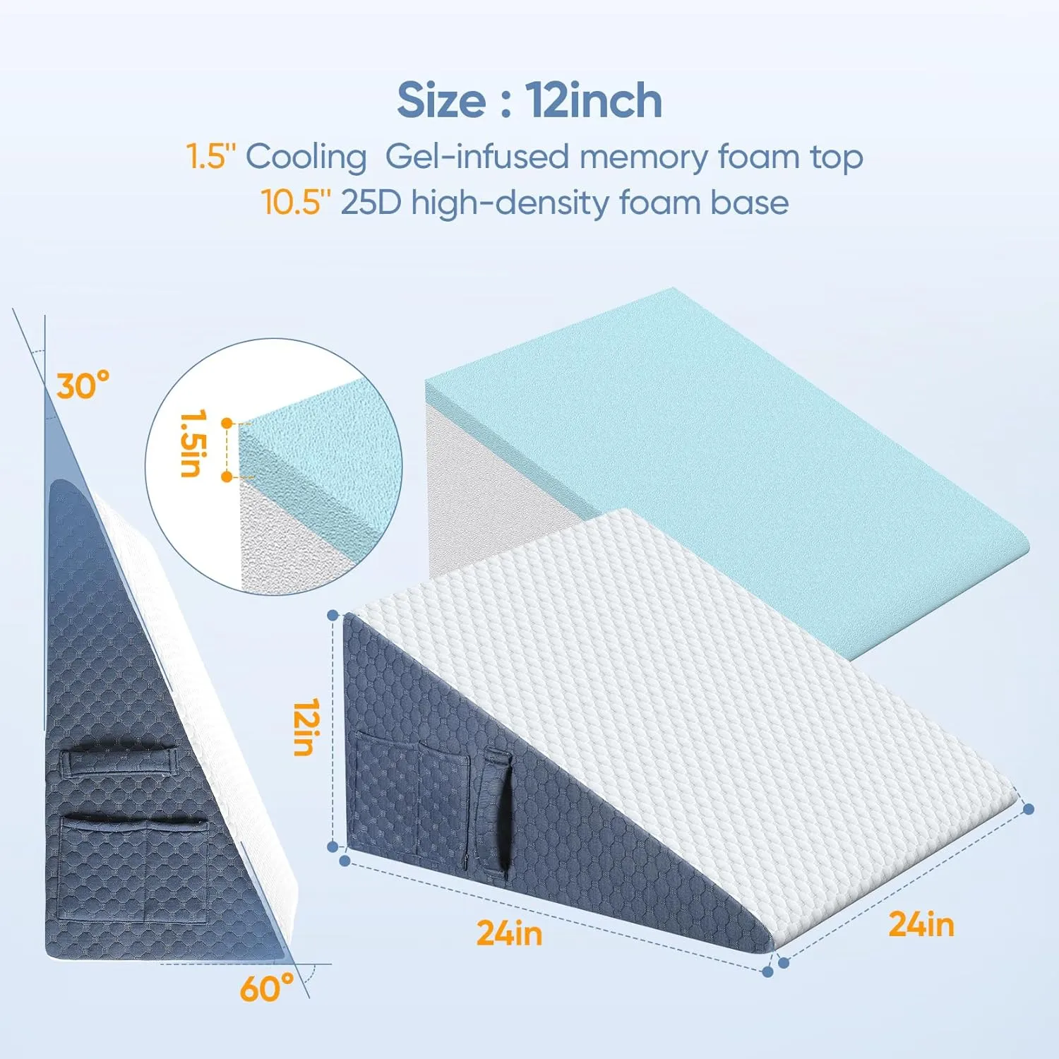 12inch Wedge Pillow for Sleep, Updated Bed Wedge, Acid Reflux, Heartburn, GERD, Neck Pain, Cooling Memory Foam Top, Removable Washable Cover Incline Wedge Pillow for Improved Sleep