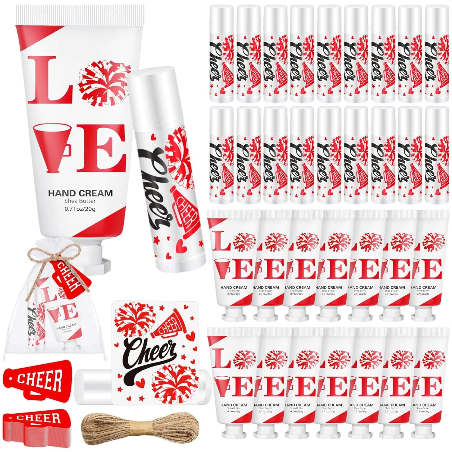 144 Pcs Red Cheerleading Lip Balm Hand Cream Set Party Favors, Include 36 Lip Balm 36 Moisturizing Hand Cream 36 Bags 36 Cards and Ropes for Accessories Gifts