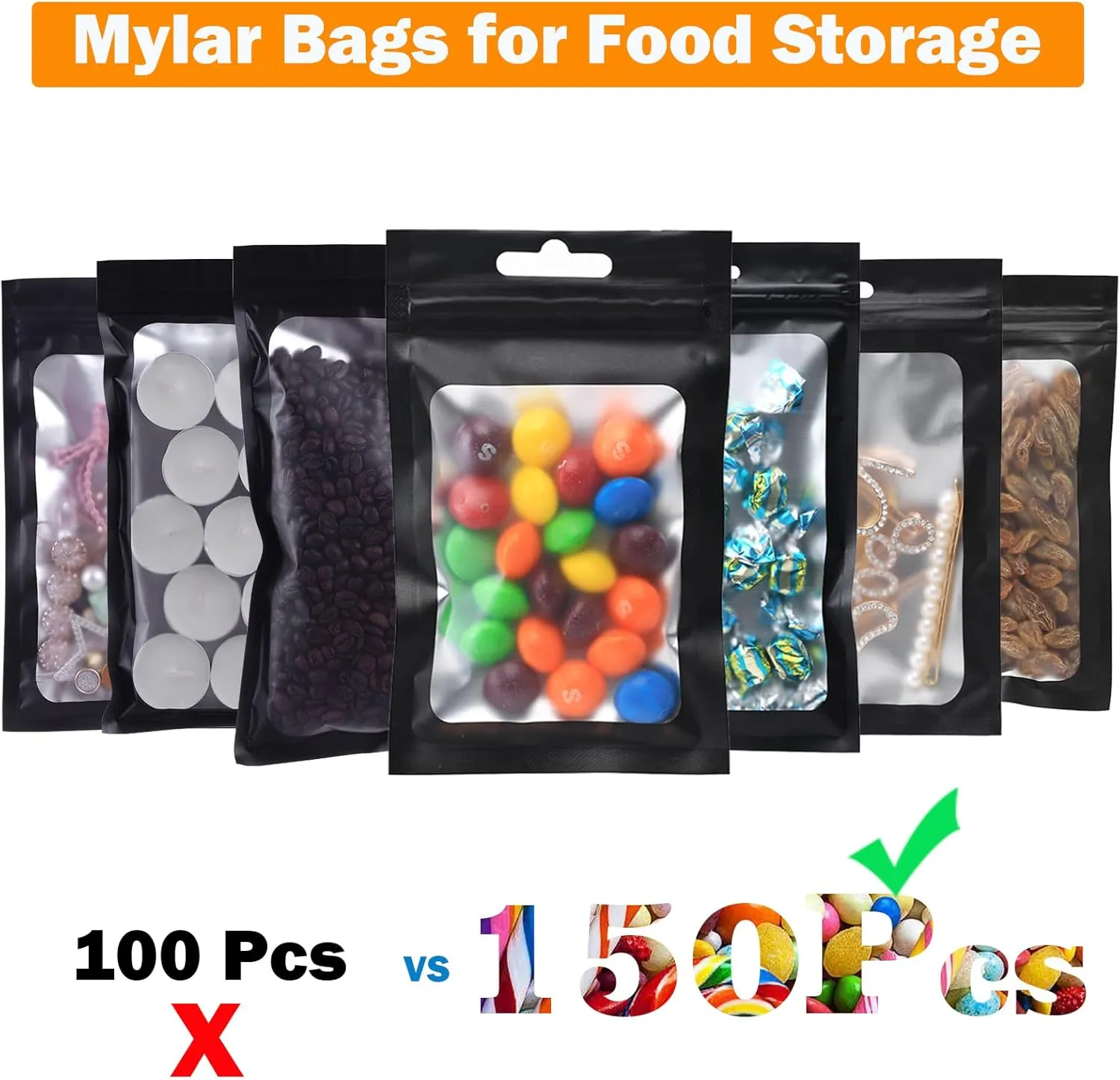 150 PCS-6x9 Reclosable Mylar Bags Black for Food Storage, Resealable Mylar Bag with Clear Window for Small Businesses, Smell Proof Aluminum Foil Ziplock Edible Packaging Bag for Candies