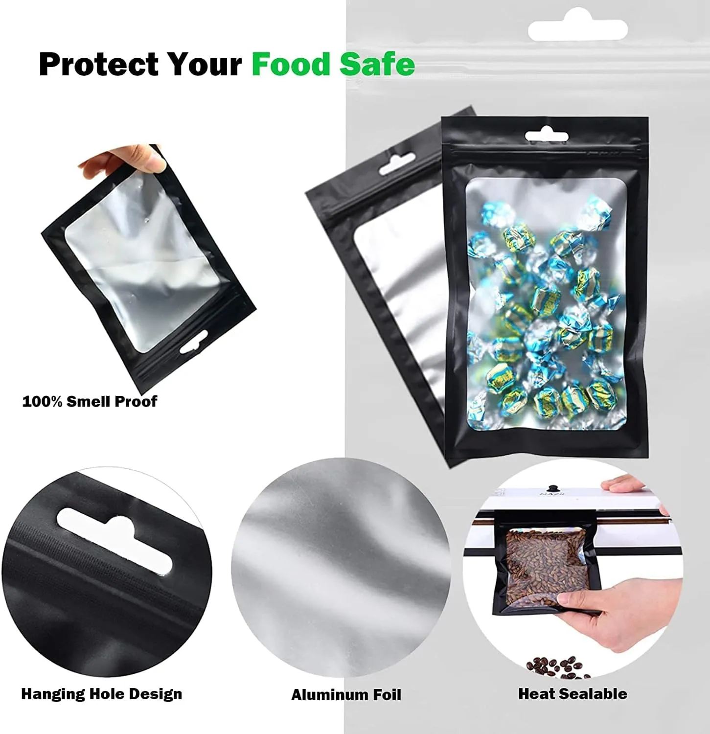 150 PCS-6x9 Reclosable Mylar Bags Black for Food Storage, Resealable Mylar Bag with Clear Window for Small Businesses, Smell Proof Aluminum Foil Ziplock Edible Packaging Bag for Candies