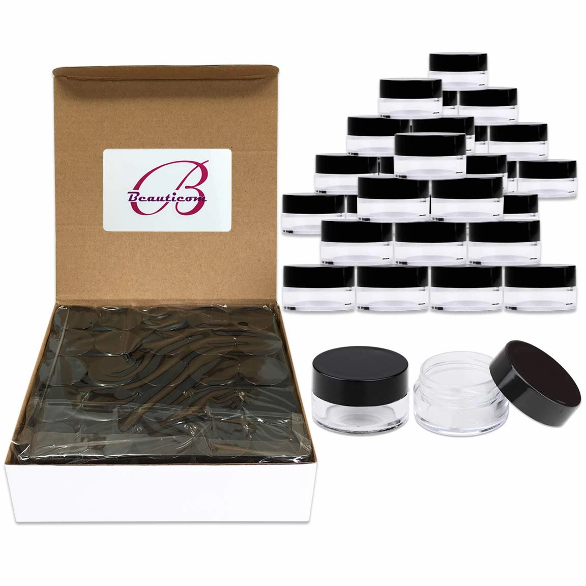 150 Jars - Beauticom High-Graded 5 Grams/5 mL BPA Free Thick Clear Acrylic 100% NO LEAK Plastic Jars empty Container Black Lid for Cosmetic, Lip Balm, Beads, Creams, Lotion, Liquids, Sample, Travel