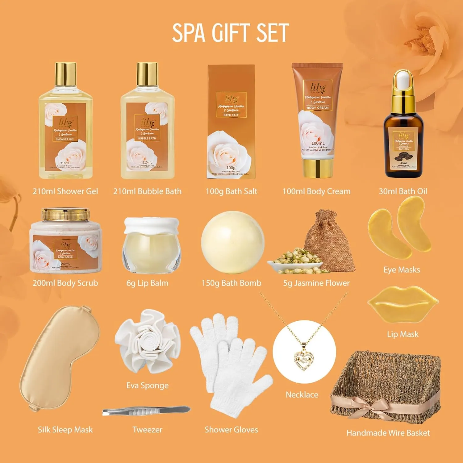 18Pcs Bath and Body Gift Basket Set for Women - Vanilla Spa Baskets Spa Kit with Necklace | Perfect Gifts for Christmas, Valentines Day, Mothers Day, Birthday Gifts, Self Skin Care Gifts for Her/Mom