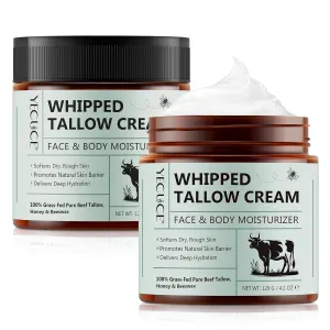 2 Pack Beef Tallow for Skin, Whipped Tallow and Honey Balm, Grass Fed & Organic Tallow Face Moisturizer Lip Balm, Deeply Moisturizing for Face & Body, 120g/4.2 oz