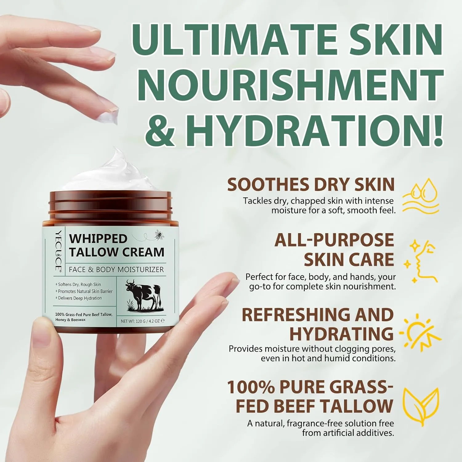 2 Pack Beef Tallow for Skin, Whipped Tallow and Honey Balm, Grass Fed & Organic Tallow Face Moisturizer Lip Balm, Deeply Moisturizing for Face & Body, 120g/4.2 oz