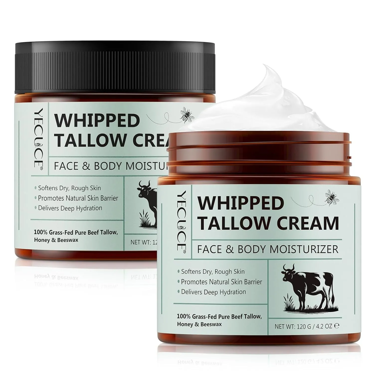 2 Pack Beef Tallow for Skin, Whipped Tallow and Honey Balm, Grass Fed & Organic Tallow Face Moisturizer Lip Balm, Deeply Moisturizing for Face & Body, 120g/4.2 oz