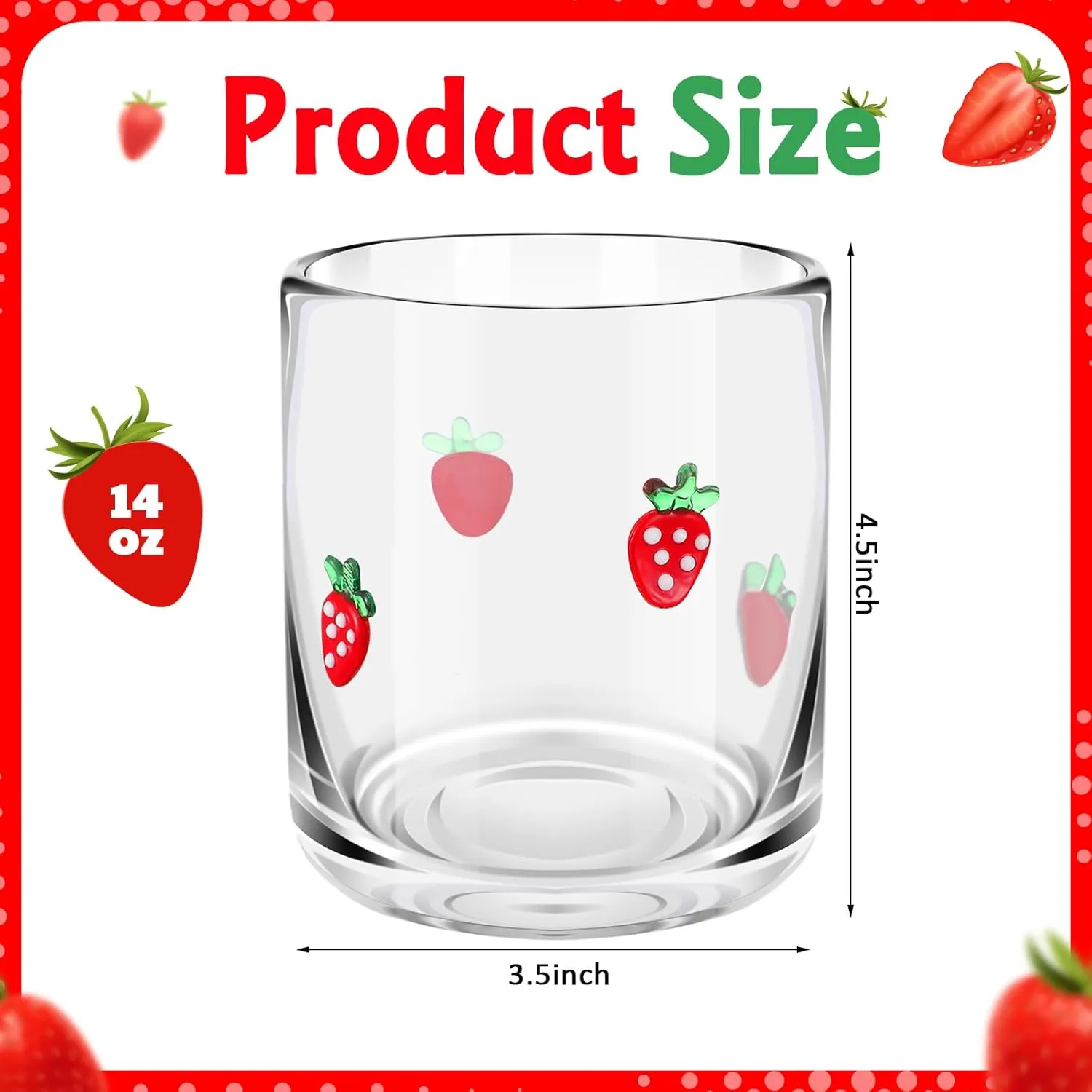 2 Pcs Strawberry Icon Juice Glasses, 14oz Strawberry Stemless Wine Drinking Juice Glass Cup for Summer Fruit Party Supplies Gift