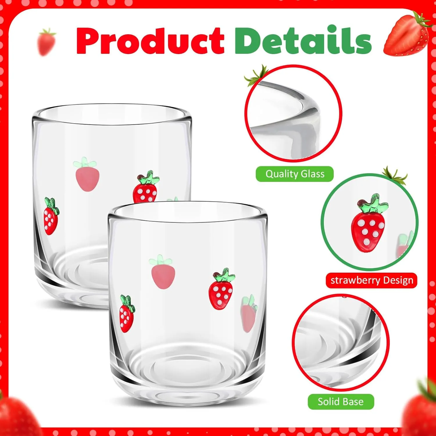 2 Pcs Strawberry Icon Juice Glasses, 14oz Strawberry Stemless Wine Drinking Juice Glass Cup for Summer Fruit Party Supplies Gift