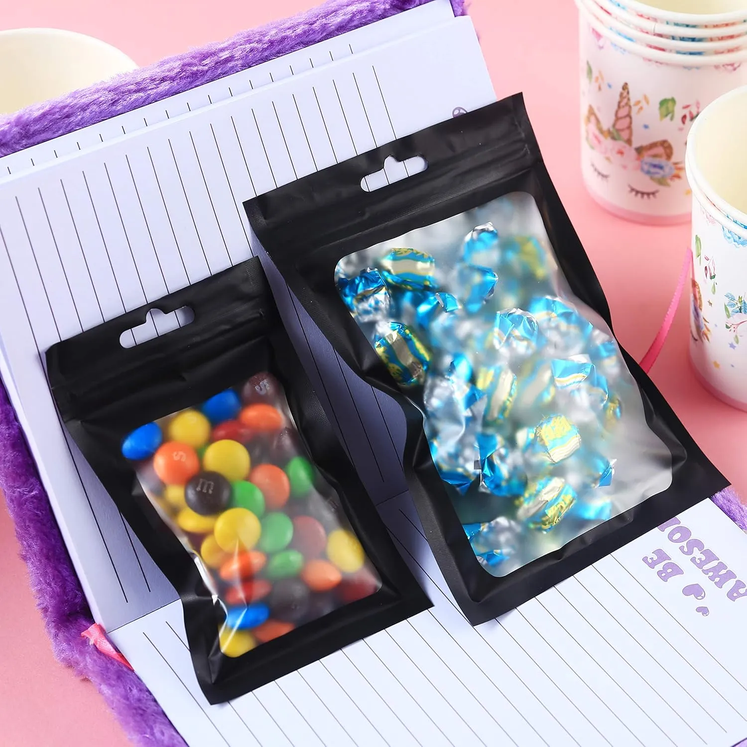 200 PCS 5x8 Mylar Bags with Clear Window, Ziplock Packaging, Smell Proof, Resealable Matte Black Bags for Food Storage, Candy, Cookies, Small Jewelry