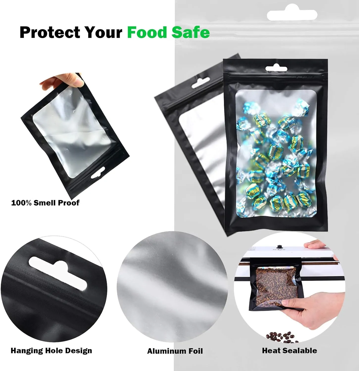 200 PCS 5x8 Mylar Bags with Clear Window, Ziplock Packaging, Smell Proof, Resealable Matte Black Bags for Food Storage, Candy, Cookies, Small Jewelry