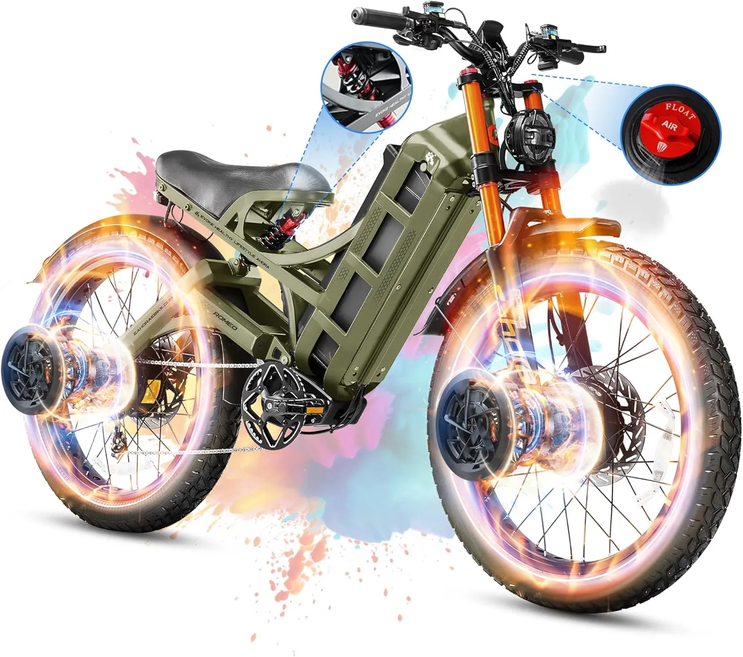 2025 Launch Romeo Pro 3/Pro 2 5000W/4000W 50Mph/46Mph Dual Motor Electric Bike for Adults 60V/52V/48V 80Ah/70Ah/60Ah 200 Miles Long Range Ebike 26 * 4.0" Fat Tire Electric Mountain Bike