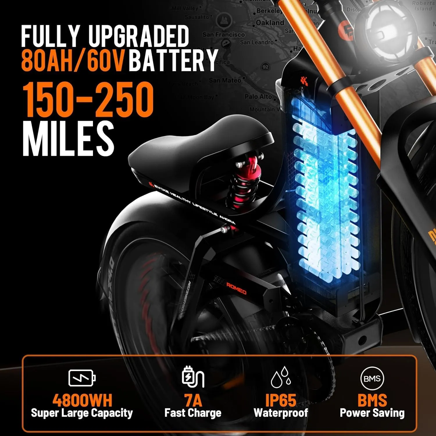 2025 Launch Romeo Pro 3/Pro 2 5000W/4000W 50Mph/46Mph Dual Motor Electric Bike for Adults 60V/52V/48V 80Ah/70Ah/60Ah 200 Miles Long Range Ebike 26 * 4.0" Fat Tire Electric Mountain Bike