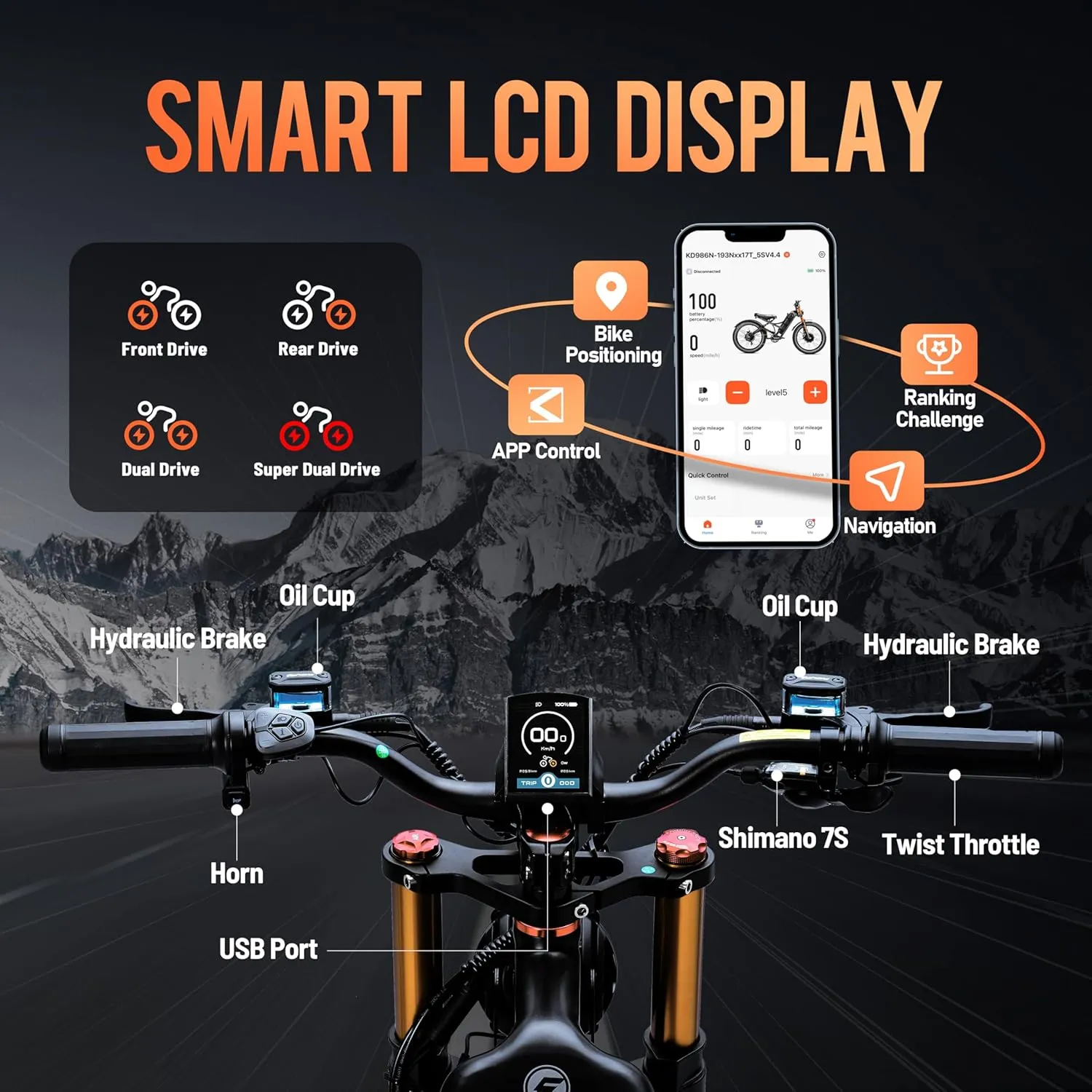 2025 Launch Romeo Pro 3/Pro 2 5000W/4000W 50Mph/46Mph Dual Motor Electric Bike for Adults 60V/52V/48V 80Ah/70Ah/60Ah 200 Miles Long Range Ebike 26 * 4.0" Fat Tire Electric Mountain Bike