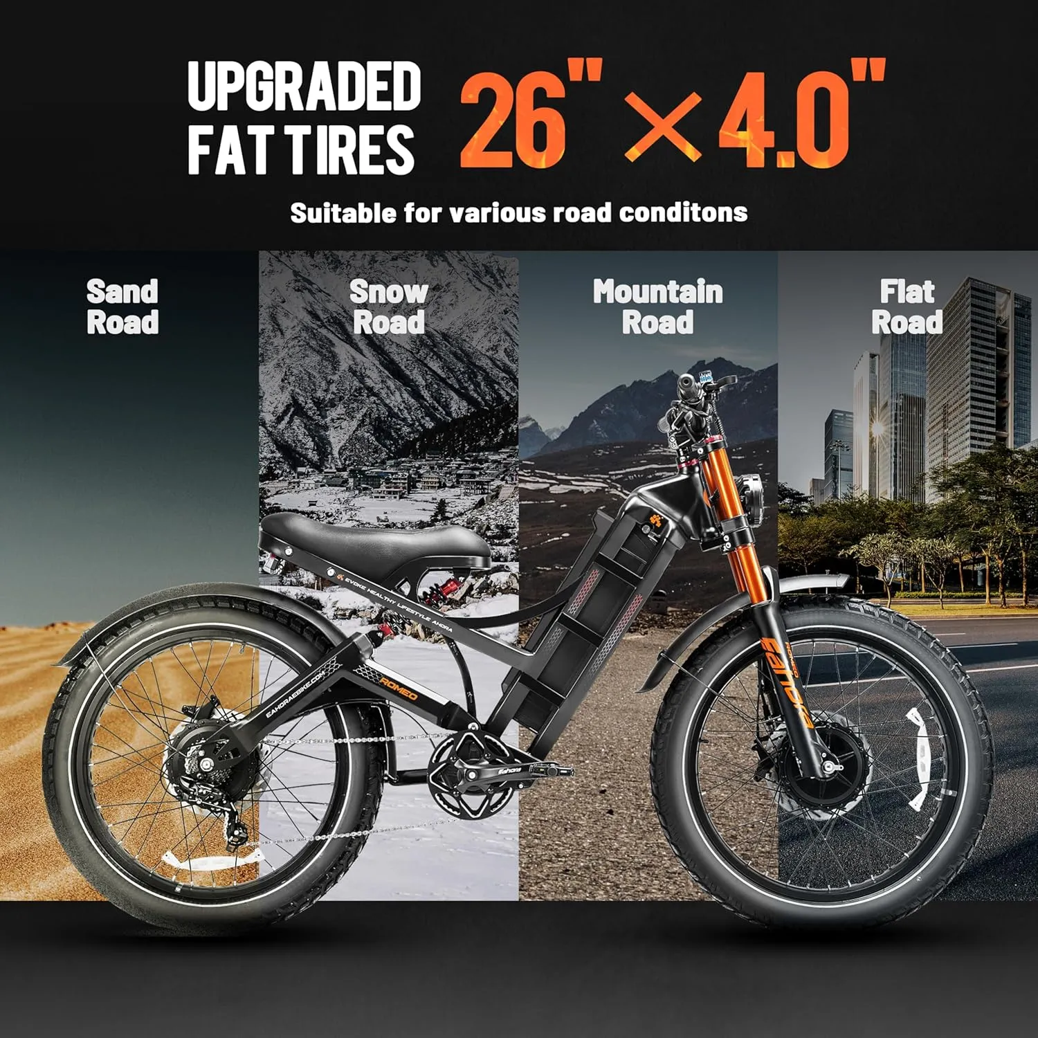 2025 Launch Romeo Pro 3/Pro 2 5000W/4000W 50Mph/46Mph Dual Motor Electric Bike for Adults 60V/52V/48V 80Ah/70Ah/60Ah 200 Miles Long Range Ebike 26 * 4.0" Fat Tire Electric Mountain Bike