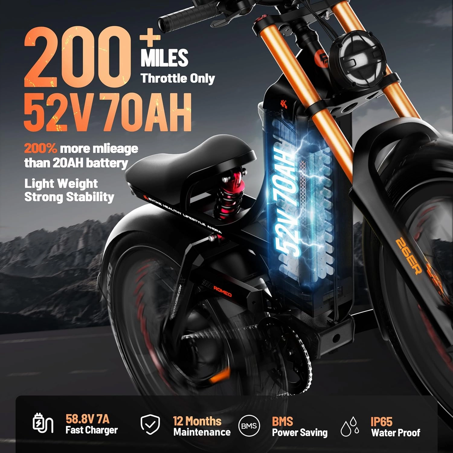 2025 Launch Romeo Pro 3/Pro 2 5000W/4000W 50Mph/46Mph Dual Motor Electric Bike for Adults 60V/52V/48V 80Ah/70Ah/60Ah 200 Miles Long Range Ebike 26 * 4.0" Fat Tire Electric Mountain Bike