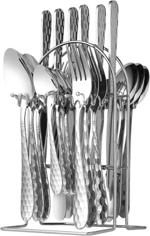 24 Piece Silverware Set with Hanging holder,Stainless Steel Flatware Cutlery Set-Fork Spoon and Knife Service for 6,Kitchen Utensil Tableware Set,Mirror Polished,Dishwasher Safe,Silvery