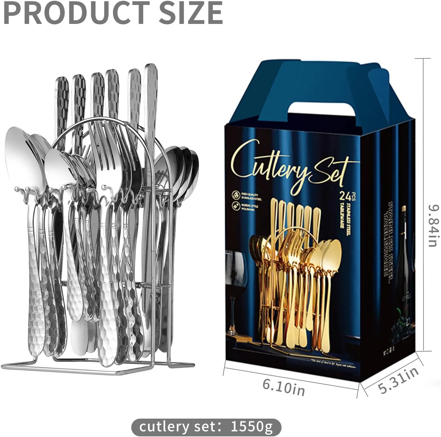 24 Piece Silverware Set with Hanging holder,Stainless Steel Flatware Cutlery Set-Fork Spoon and Knife Service for 6,Kitchen Utensil Tableware Set,Mirror Polished,Dishwasher Safe,Silvery