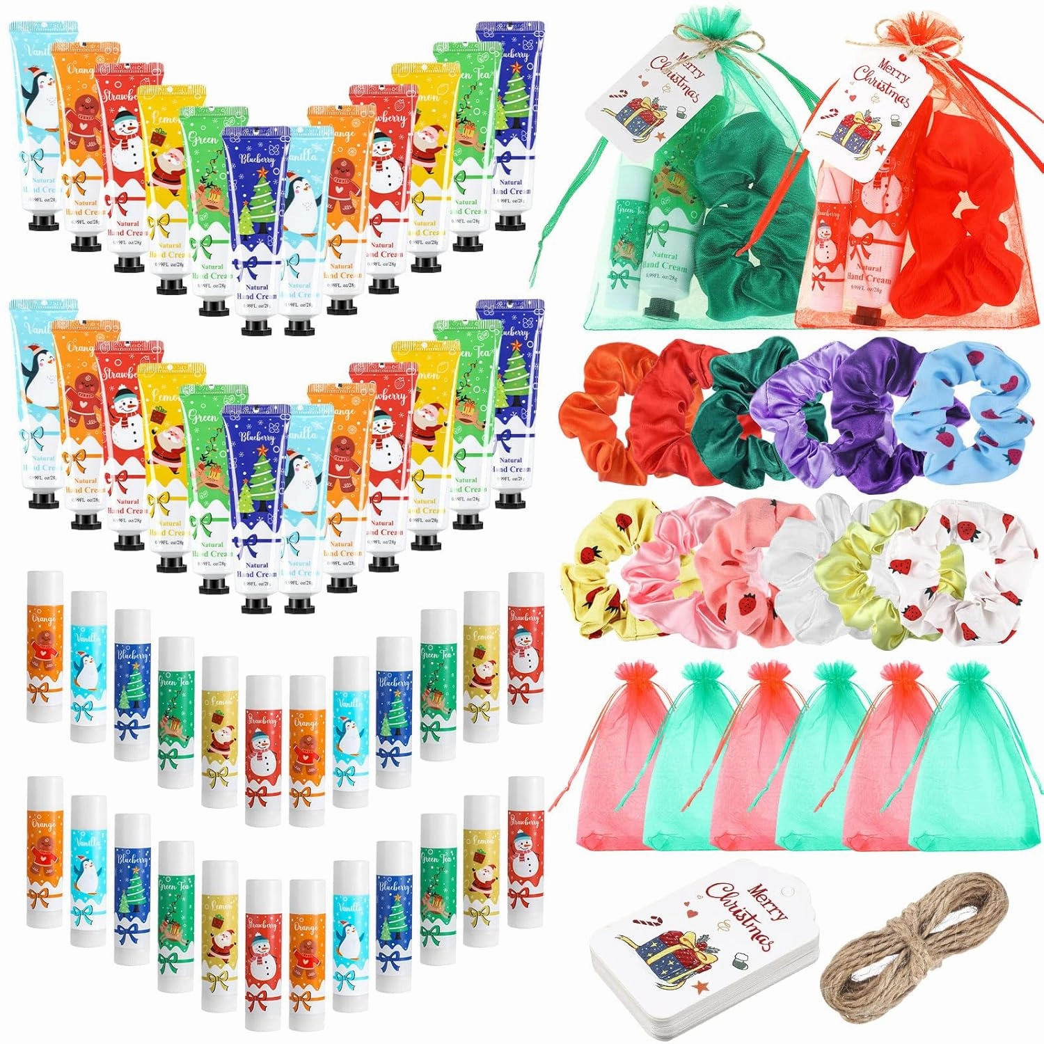 24 Sets 120 pcs Hand Cream and Lip Balm Gift Set Christmas Party Favor Bulk Hand Lotion with Organza Bag Elastic Hair Band and Thank You Cards for Bridal Shower Guests Stock Stuffer Supplies
