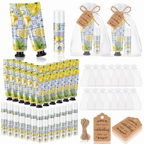 24 Sets Hand Cream and Lip Balm Gift Bridal Baby Shower Party Supply Travel Size Hand Lotion and Lip Balm Bulk with Organza Bag and Tag Wedding Bridal Baby Shower Party (Lemon)