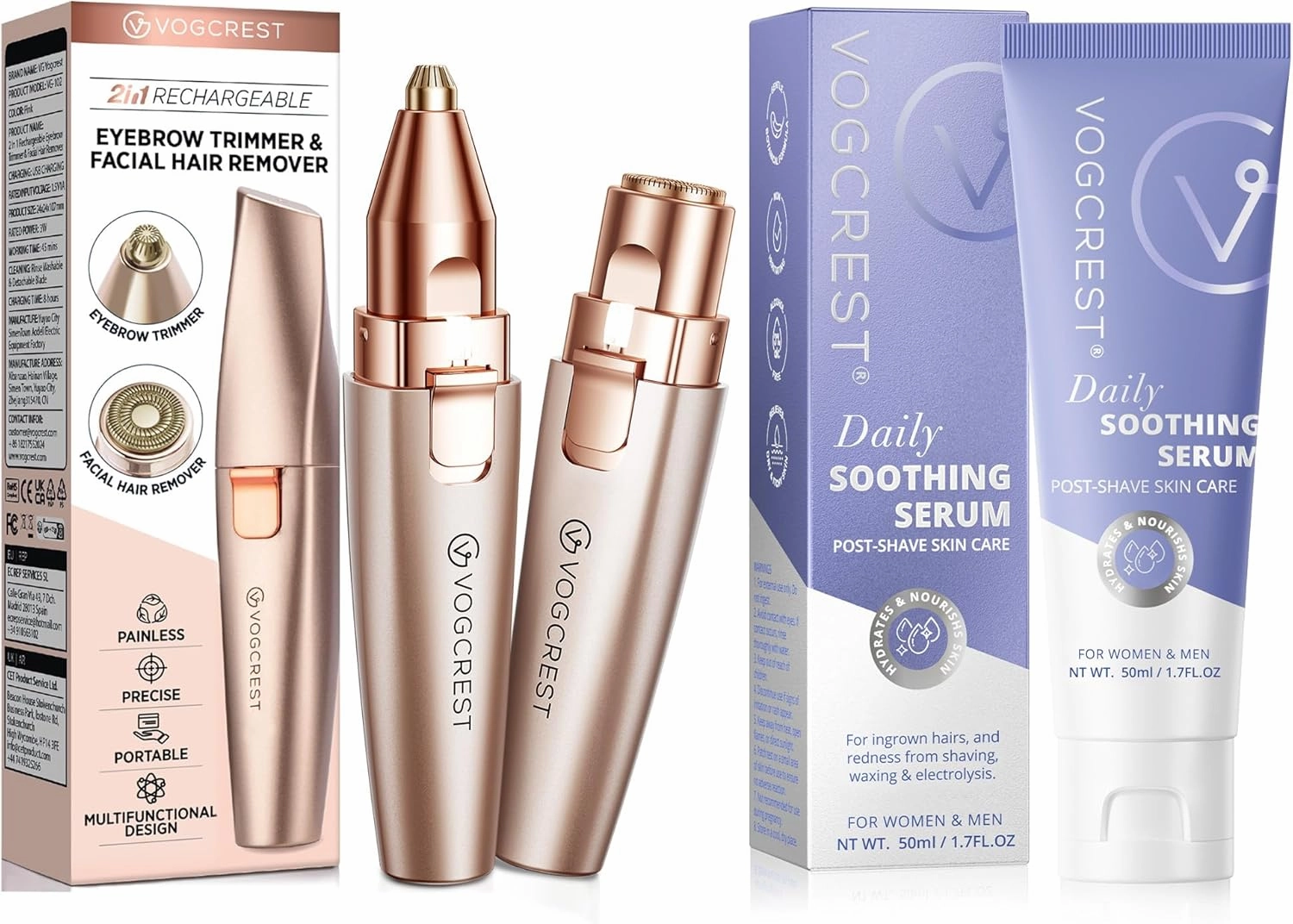 2 in1 Eyebrow Facial Trimmer with Post-Shave Soothing Serum - Rechargeable Facial Hair Removal and Eyebrow Shaver - Face Lips Body Painless Facial Razor with Built-in LED Light (Rose Gold)