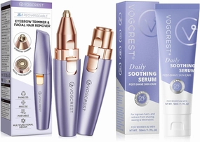 2 in1 Eyebrow Facial Trimmer with Post-Shave Soothing Serum - Rechargeable Facial Hair Removal and Eyebrow Shaver - Face Lips Body Painless Facial Razor with Built-in LED Light(Solar Purple)