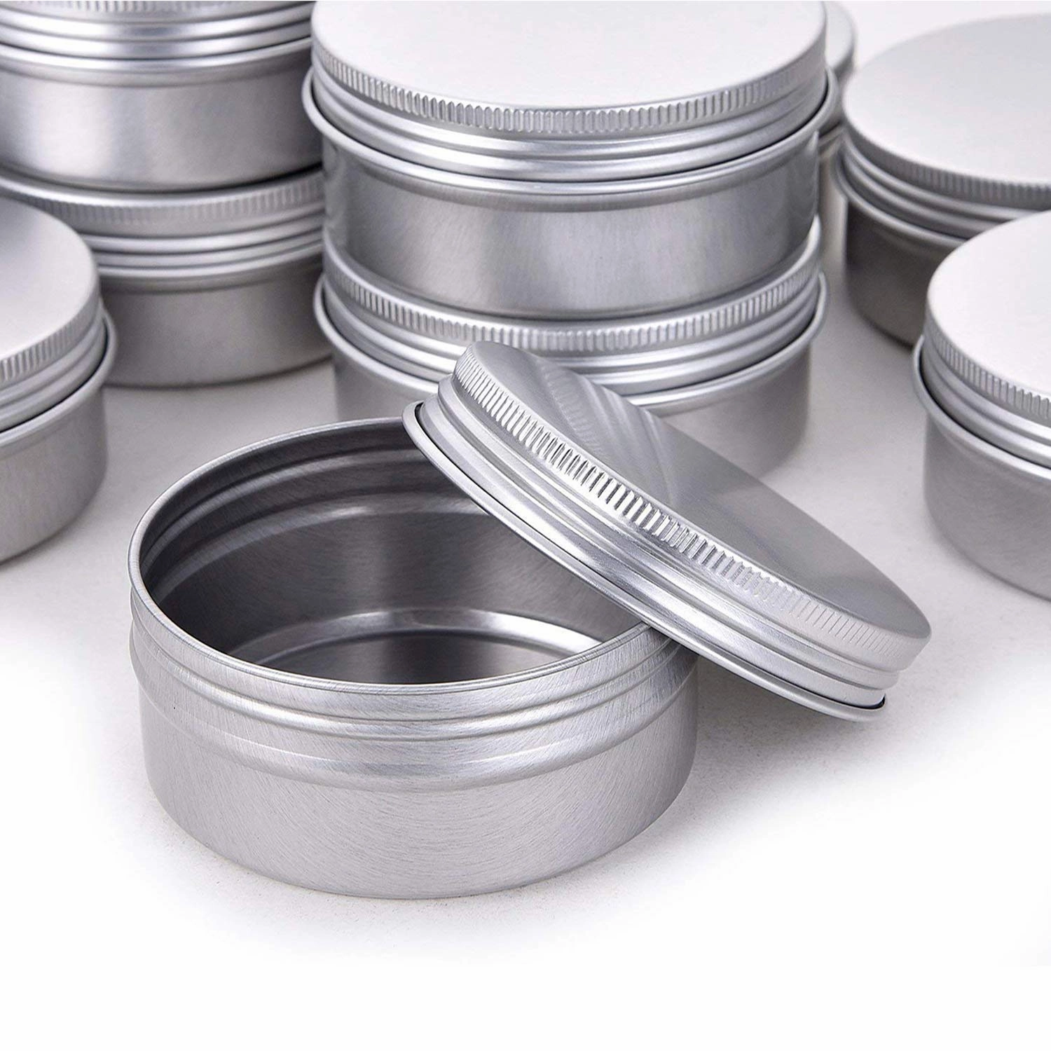 2 Ounce Aluminum Tin Jar Refillable Containers 60 ml Aluminum Screw Lid Round Tin Container Bottle for Cosmetic,Lip Balm, Cream, 24 Pack