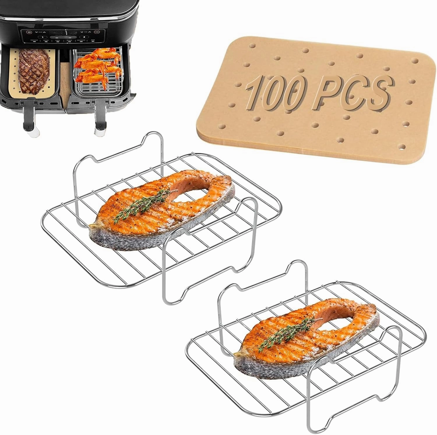2 Packs Air Fryer Racks with 100pcs Liners for Ninja Foodi DZ401/ DZ201 and Other 8-10 QT Dual AirFryer, Parchment Paper & Stainless Steel Toast Rack for Air Fryer 2 Basket Liners Accessories