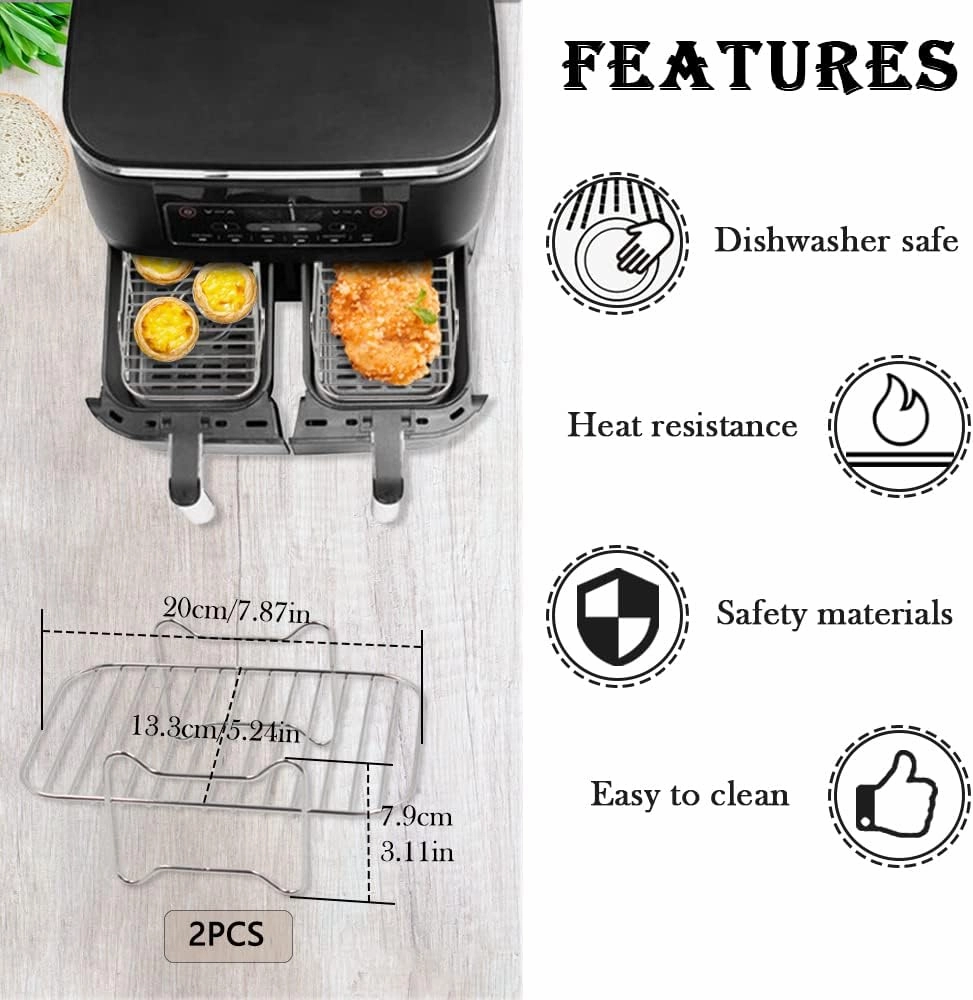 2pcs Air Fryer Rack Set with 100pcs Parchment Paper Compatible with Ninja Foodi Air Fryer DZ201, DZ401, 304 Stainless Steel Toast Dehydrator Racks Paper Liners for Double Basket