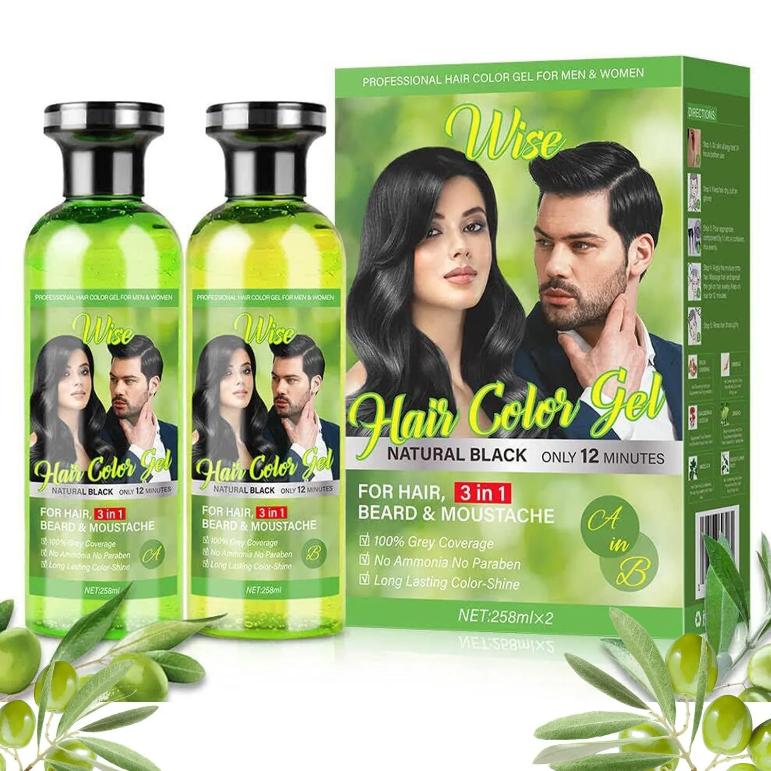 3-in-1 Natural Hair Color Gel - A&B Formula, Semi-Permanent Hair Dye for Gray Coverage, Shiny Hair, Sturdy Color, Plant-Based, Natural Black, 500ml x 2